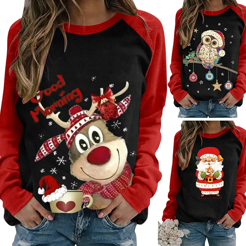 

Christmas Sweater Santa Claus/Owl/Elk Printed Long Sleeve Shirts Black Casual Blouse Plus Size XXS-4XL Xmas Pullover Tops