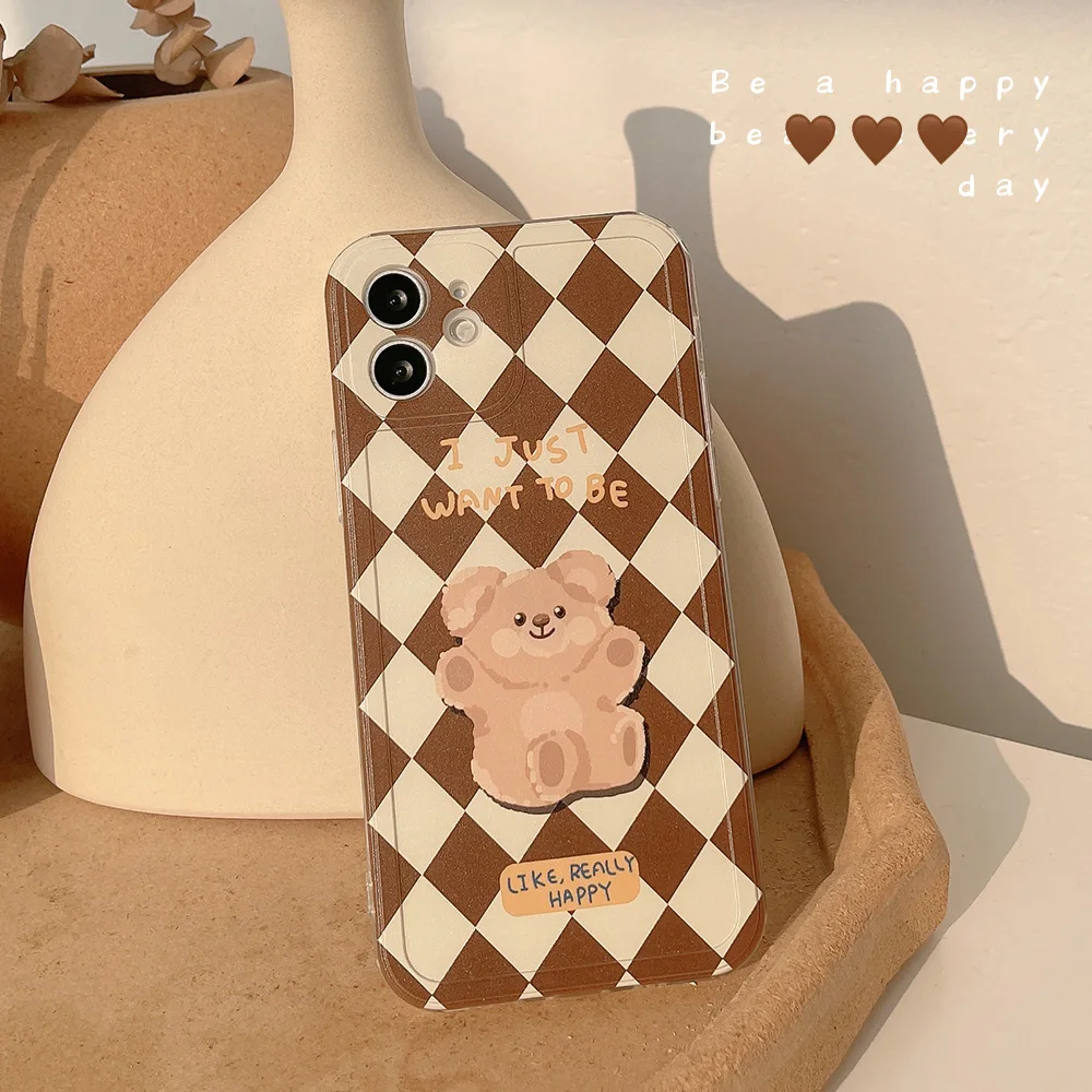 

Retro chocolate plaid art Smile bear Japanese Phone Case For iPhone 13 11 12 Pro Xs Max XR X 7 8 Plus 7Plus case Cute Soft Cover