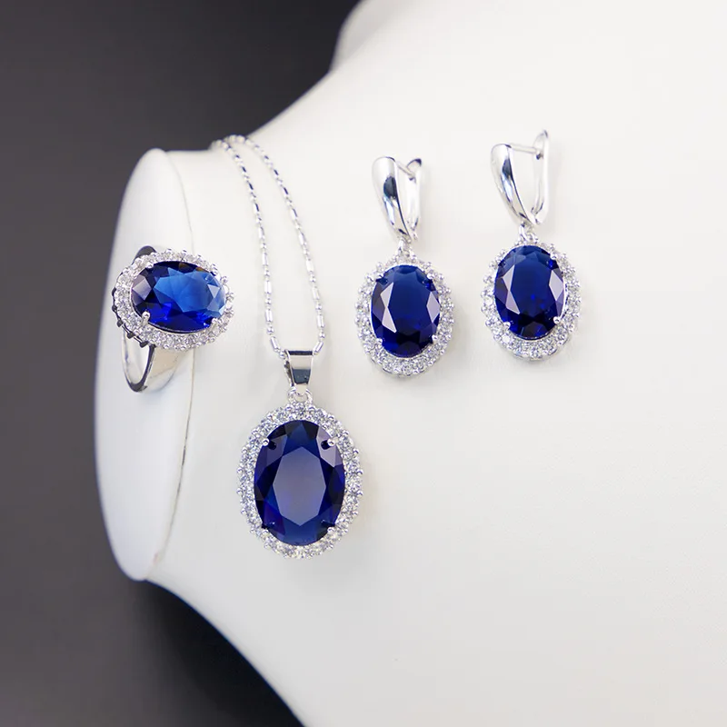Silver 925 Classic Jewelry Sets For Women Blue Rainbow Sapphire Topaz Amethyst Morganite Bridal Necklace Earrings Ring | Украшения и