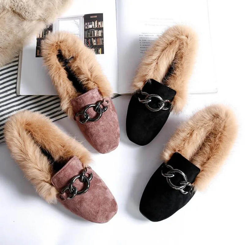 

Winter Luxury Shoes Women Designers Flock Metal Ladies Loafers Short Plush Inside Keep Warm Slip On Flat Shoes For Women