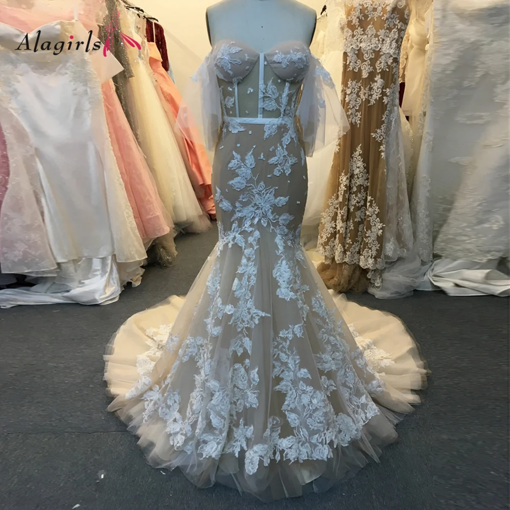 

Alagirls Mermaid Wedding Dress 2021 Lace Sleeveless Wedding Gown Sweetheart Bridal Gown Sweep Train Charming Bridal Dress