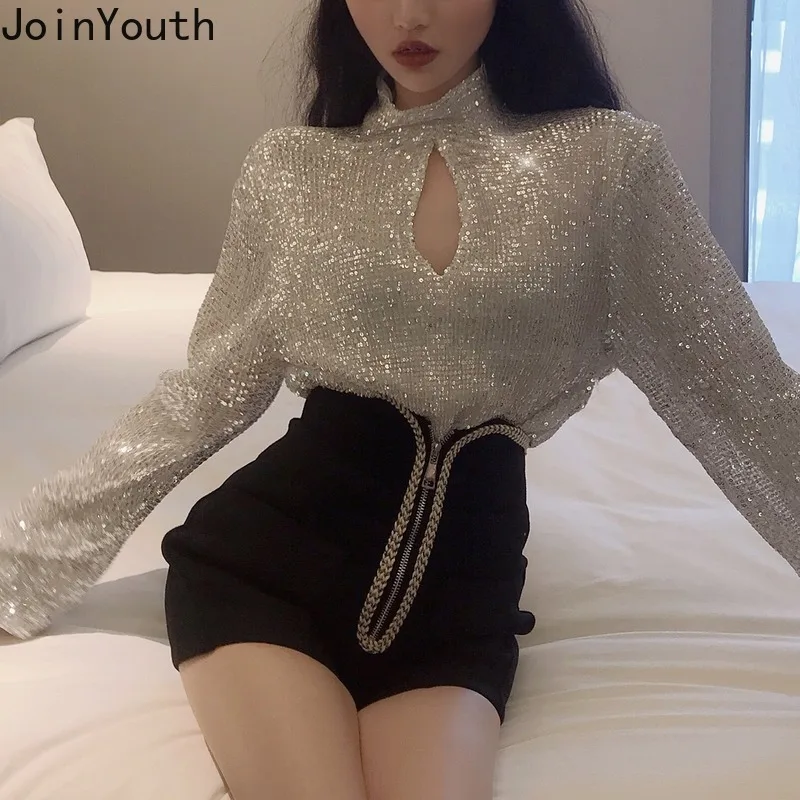 Женские футболки Joinyouth с блестками однотонные корейские модные полные женские