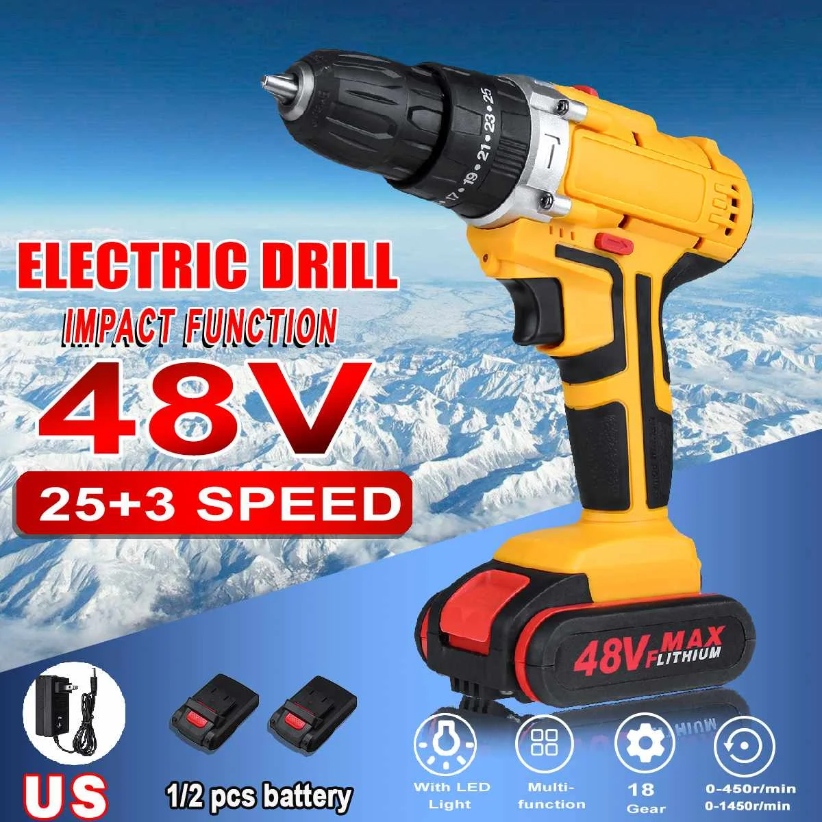 

Cordless Electric Impact Drill 3 in 1 Electric Drill Screwdriver Hammer 25+3 Torque 48V Dual Speed With 2 Battery