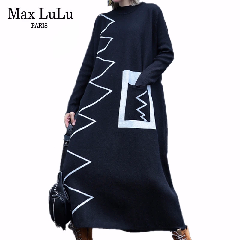 Max LuLu корейские модные женские элегантные платья женское длинное платье с принтом Новая Осенняя винтажная уличная черная свободная одежда