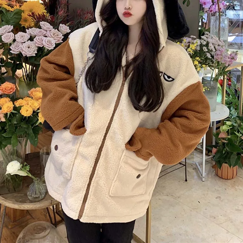 

DAYIFUN/женские толстовки большого размера с капюшоном и заячьими ушками на молнии, милое теплое мешковатое пальто с подкладкой из искусственн...