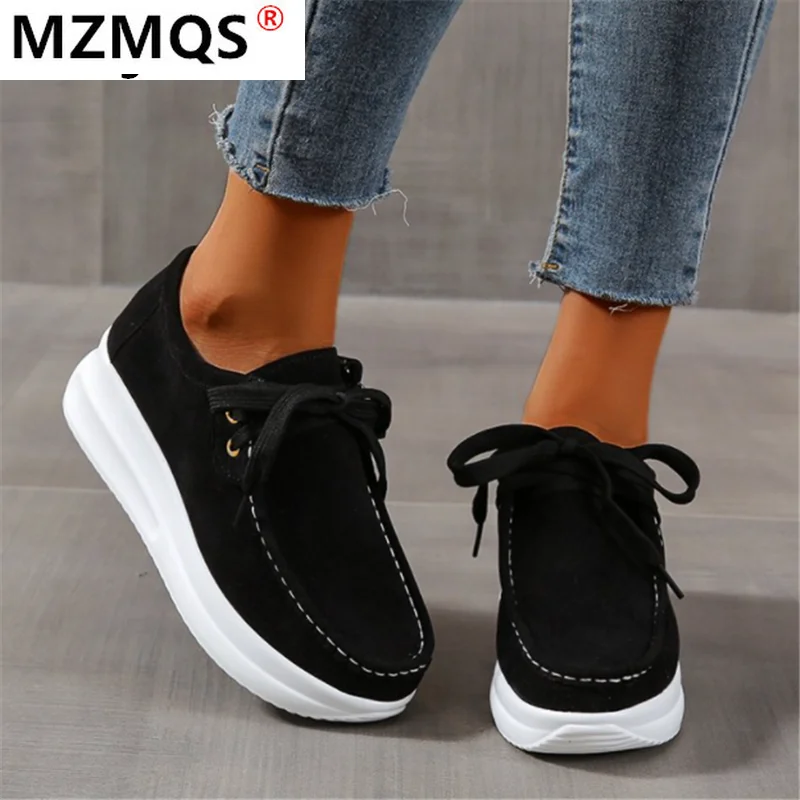 

Women's Vulcanized Shoes Flock Ladies Sewing Flat Platform Lace-Up Casual Spring Fashion Female Plus Size Platform Women's Shoes