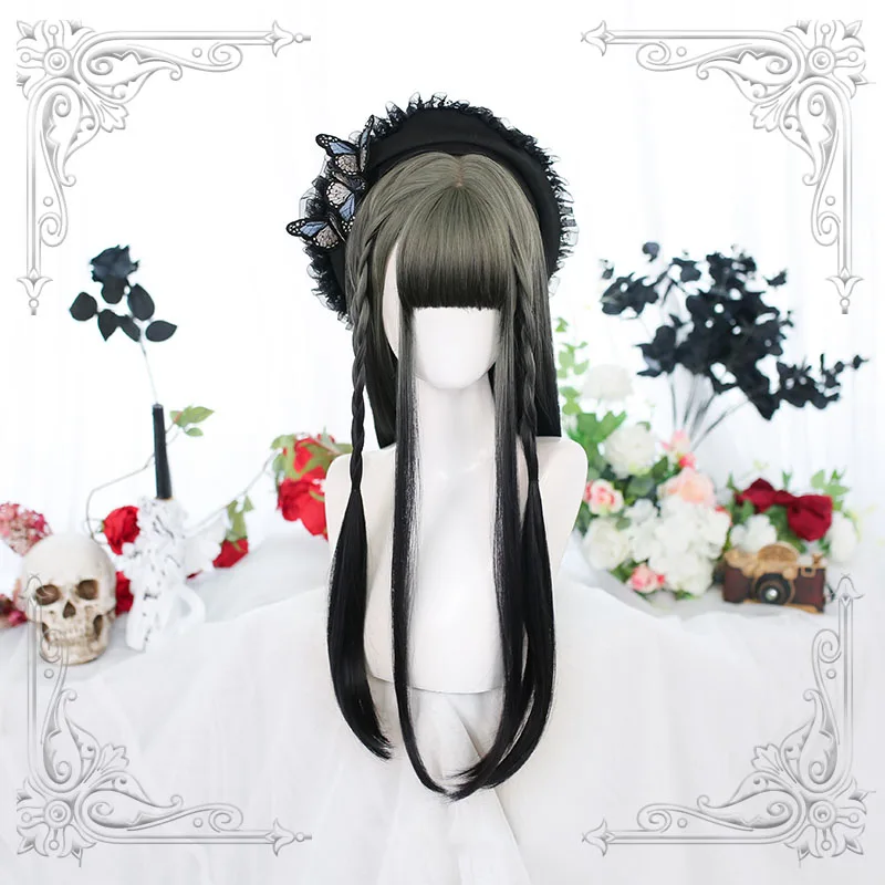 

Japanese Lolita Harajuku girls Wig Long Misty cyan Heat Resistent Straight Cosplay Wig Lolita Hair Free wig cap