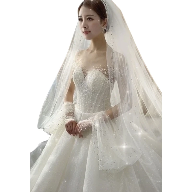 

Жемчужная Вуаль со шлейфом для свадебного торжества с чехлом на руку свадебный головной убор 83XF