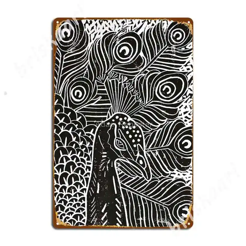 Павлин Linocut в черных металлических знаках пещера паб гараж украшение Паб Печать