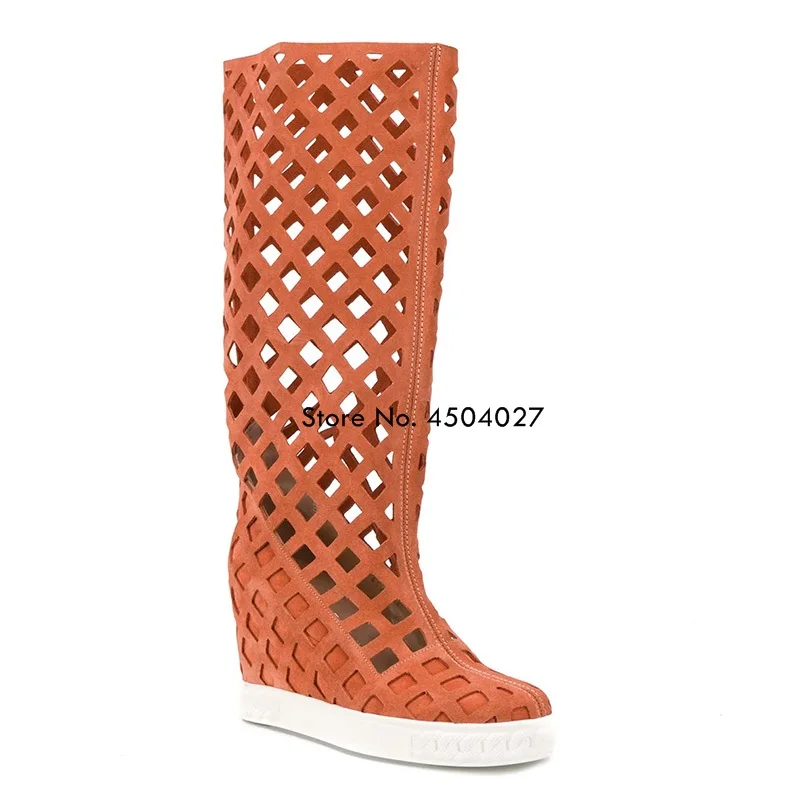 

Женские сапоги-гладиаторы до колена, с вырезами и круглым носком, на платформе, каблук 8 см