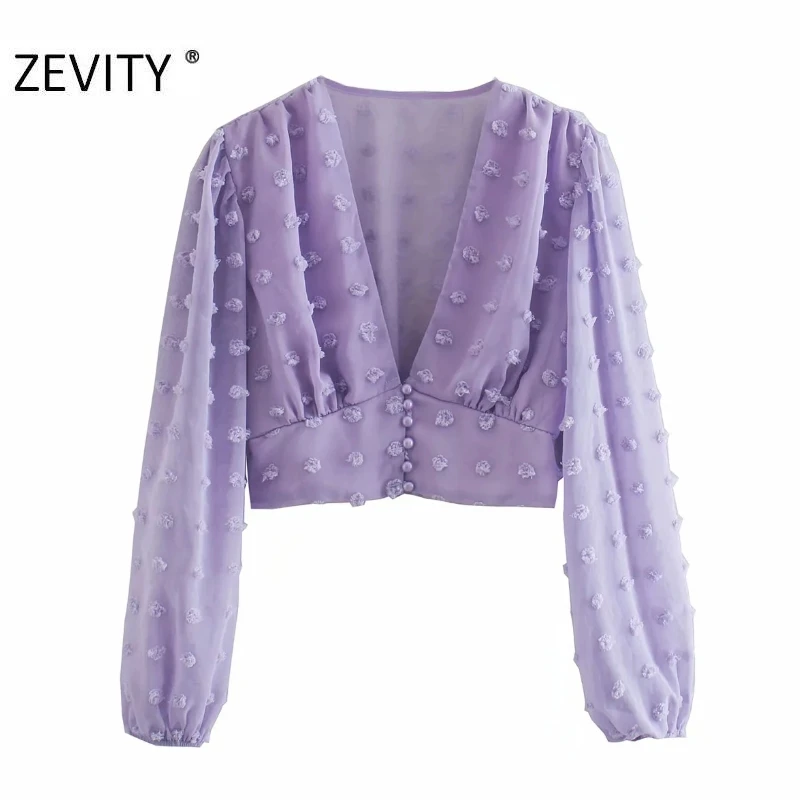 

Zevity New women sexy deep v neck stitching short chiffon blouse ladies chic lantern sleeve casual shirts femininas tops LS7060