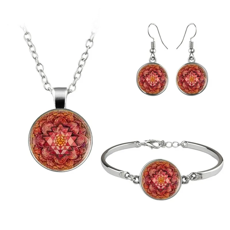 

Indian Sri Lanka Sacred Geometry Jewelry Set Glass Pendant Necklace Earring Bracelet Totally 4 Pcs for Women's Creative Gifts