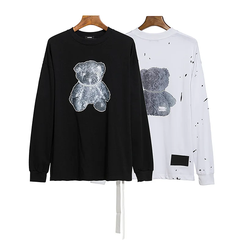 

Welldone high street American loose T-shirt summer street reflective laser bear print Round Neck Long Sleeve Tee