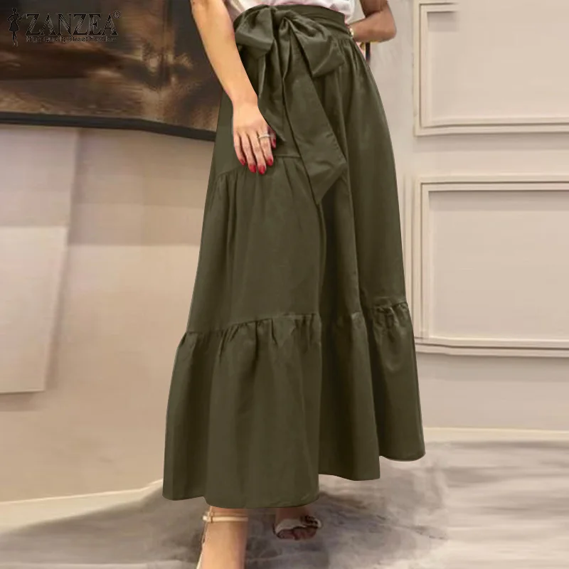 

ZANZEA Women Summer Skirts Elegant High Waist A-linen Skirt Jupe Female Bow Tie Long Faldas Saia Casual Solid Ruffles Skirts