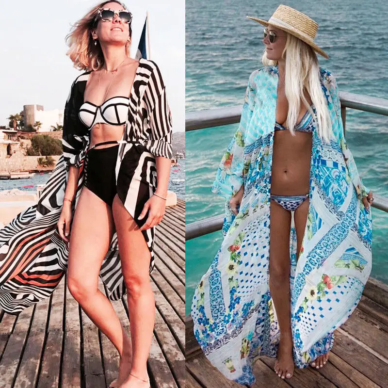 

Summer Women Bikini Cover Up Floral Print Long Swimsuit Cover-Up Blouses Swimwear Loose Beach Dress Kimono Cardigan Beachwear