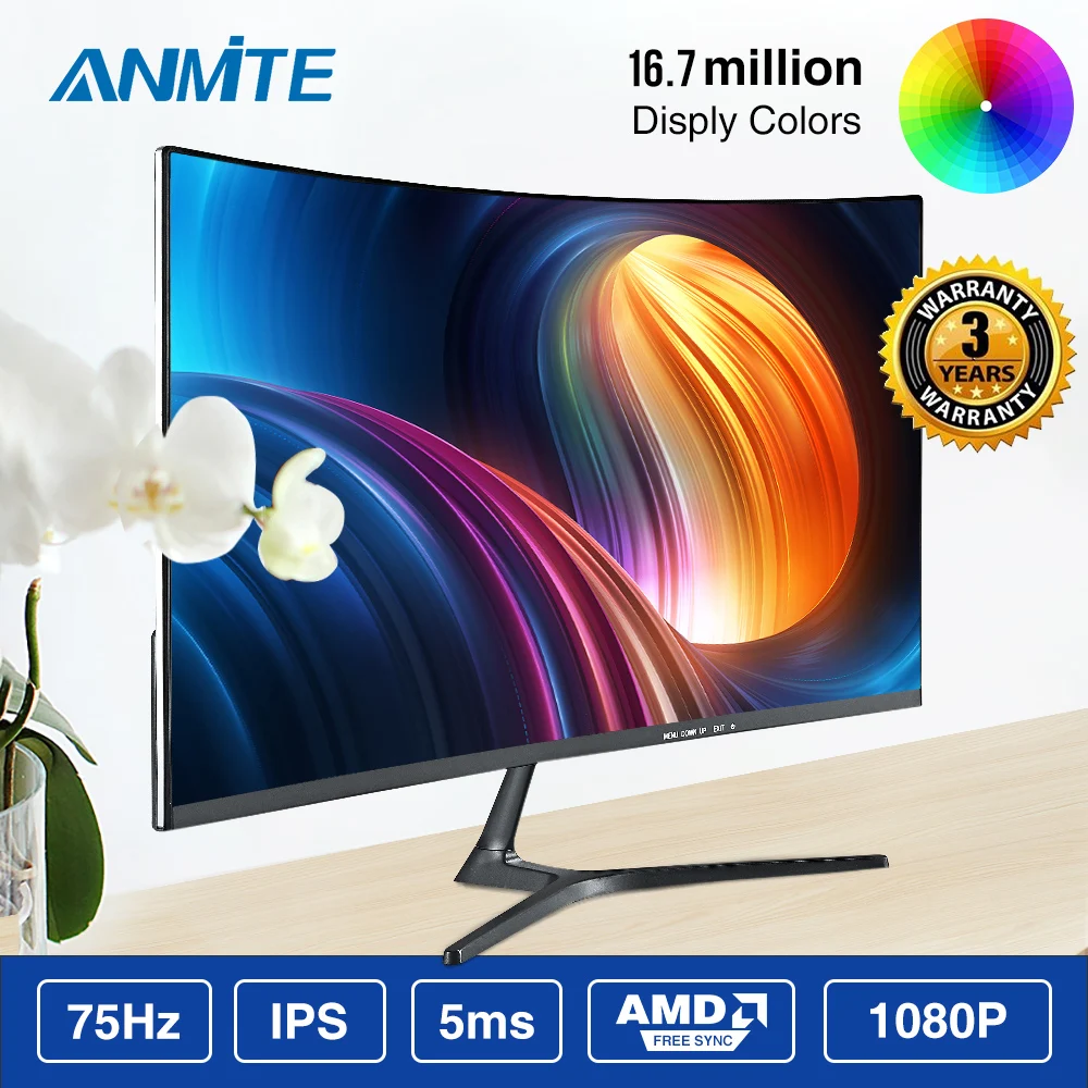 Anmite 23,8 дюймов FHD Hdmi HDR изогнутый TFT ЖК-монитор для соревнований игр светодиодный компьютерный экран HDMI/VGA - Цвет: Черный