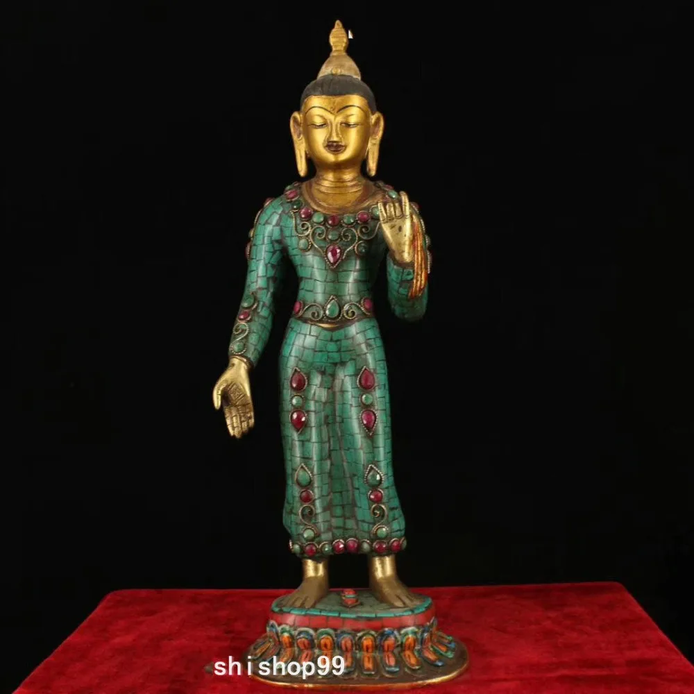 

christmas 14" Tibet Buddhism Bronze Inlay turquoise Gem Sakyamuni Shakyamuni Buddha Statue halloween