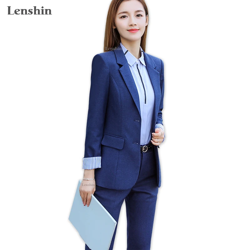 Lenshin 2 Pieces Set High-quality Soft and Comfortable Pant Suit Office Lady Contrast Sleeve Formal Business Women Work Wear