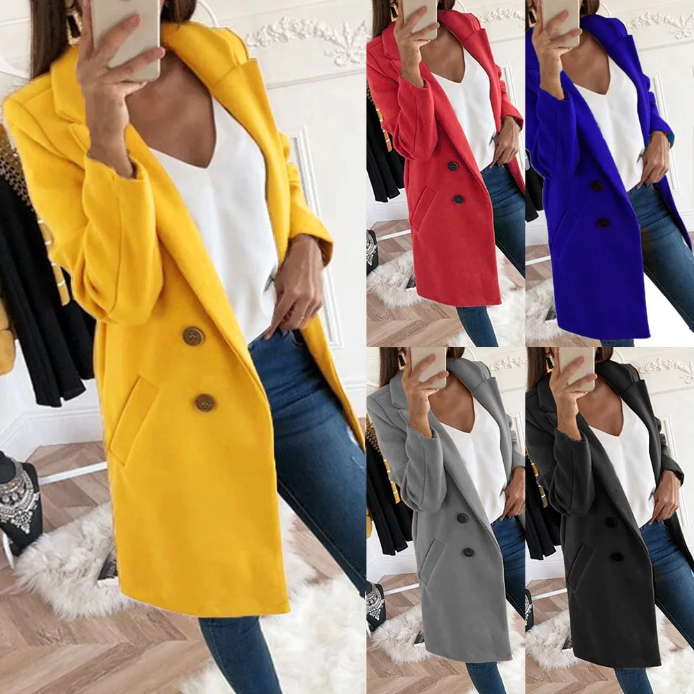 

Autumn / winter fashion solid color medium length double breasted sweater coat Women's overcoat medium length double breaste 5XL