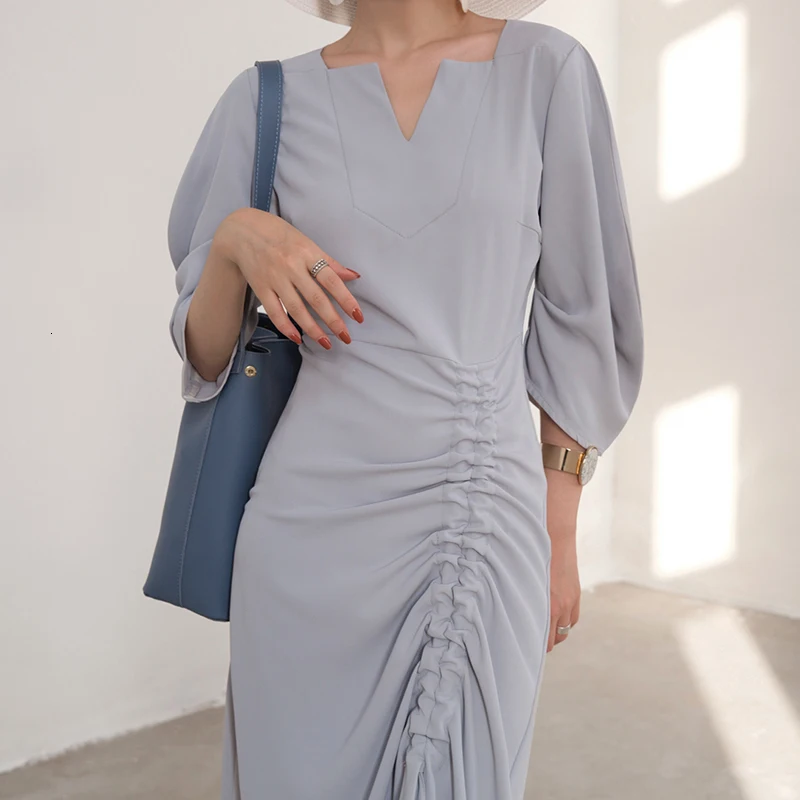 GALCAUR Drawstring Ruched женские платья три четверти рукав с высокой талией Асимметричные осенние платья Женская мода одежда