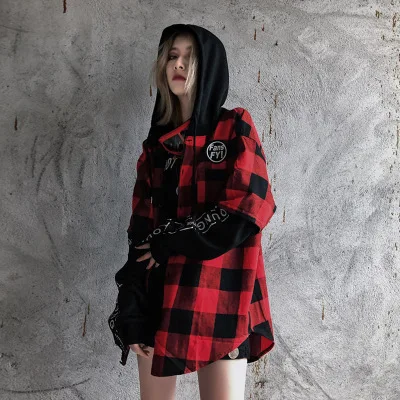 Красная и черная клетчатая рубашка в стиле пэчворк мужская хип хоп уличная