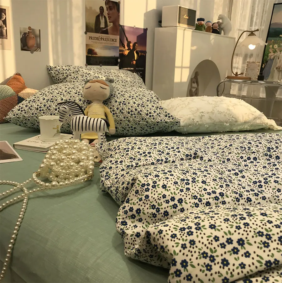 

Vintage nordic blue green floral bedding set girl,design cotton twin full queen home textile bed sheet pillow case quilt cover