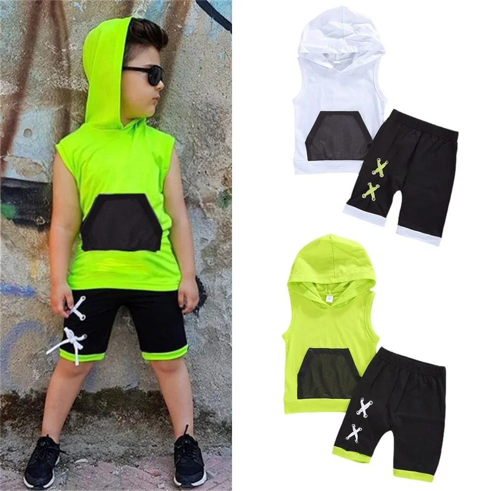 1-5Y Summer Kids Boy Tracksuits Fashion Sleeveless Hooded Tops Black Shorts 2Pcs Child Clothes Sets Active Wear Outfits |