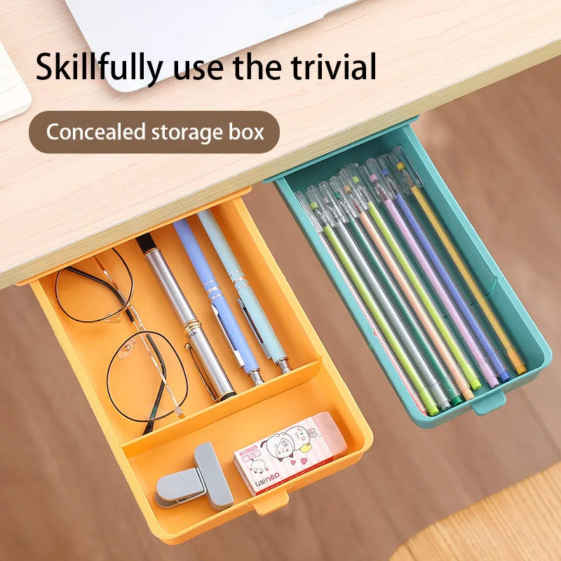 

Hidden Drawer Pencil Case Office Table Bottom Paste Storage Box Simple Large Capacity Student Stationery Box Handle Tableware