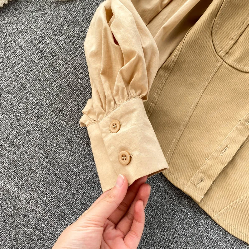 

Foamlina New Chic Korean Fashion Women's Shirt Patchwork Lapel Collar Lantern sleeve Buttons Elegant Ladies Short Blouse Shirt