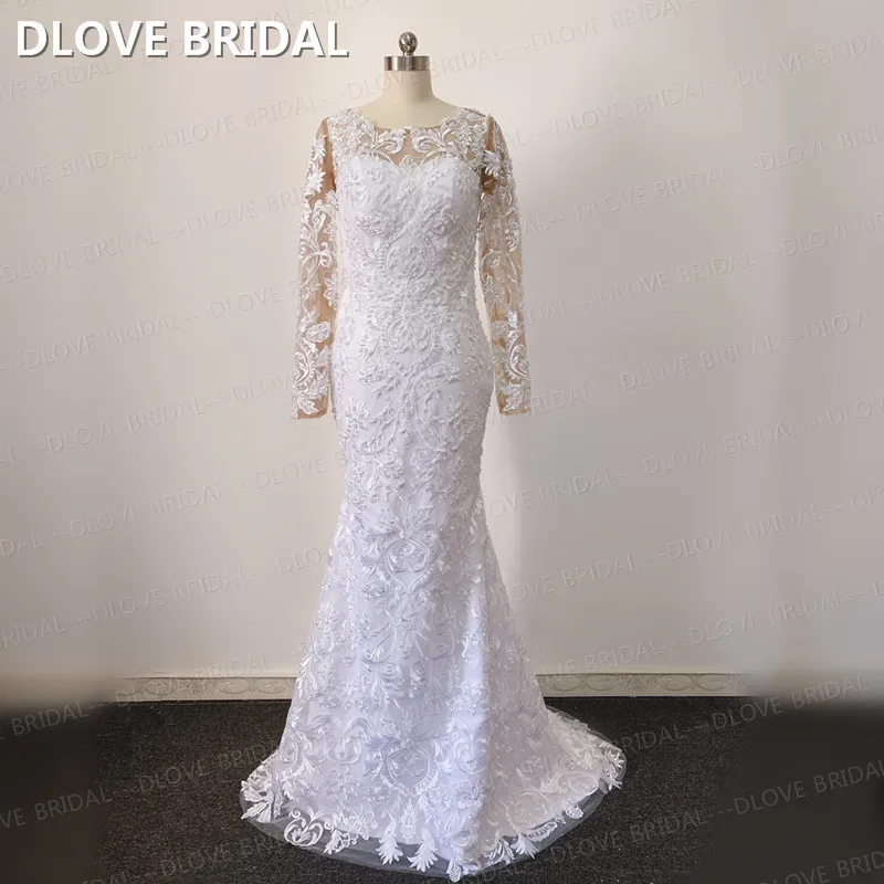 

Lace Mermaid Wedding Dress with Long Sleeves Elegant Sexy Back Bridal Gown Factory Custom Made