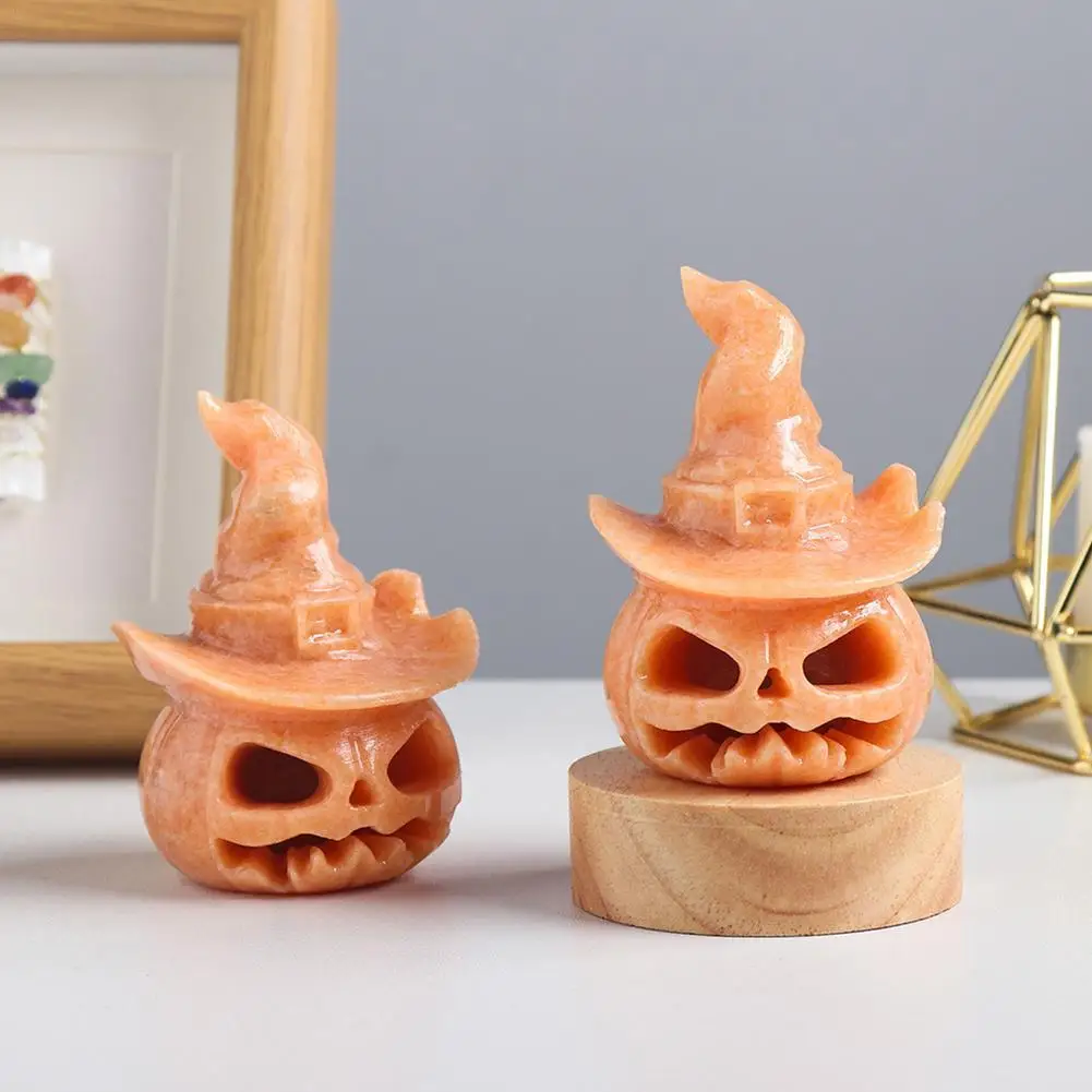 

Natural Sunstone Pumpkin Lantern Crystal Carved Semi-precious Stone Head Halloween Horror Crafts