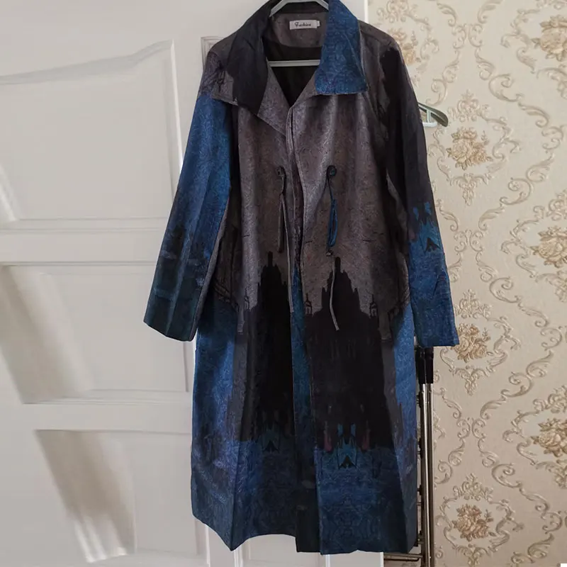 

2021 Fashion Tide Autumn New High Quality Casual Women Loose Plus size Printing Double-breasted Lapel Trench Coat