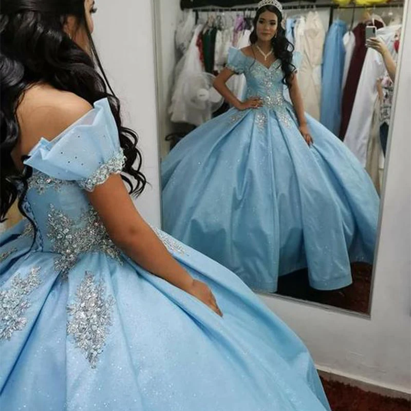 

2022 Perfect Baby Blue Quinceanera Dresses Princess Floral Embroidered Crystal Beaded Off Shoulder Ball Gown Sweet 16 Dress