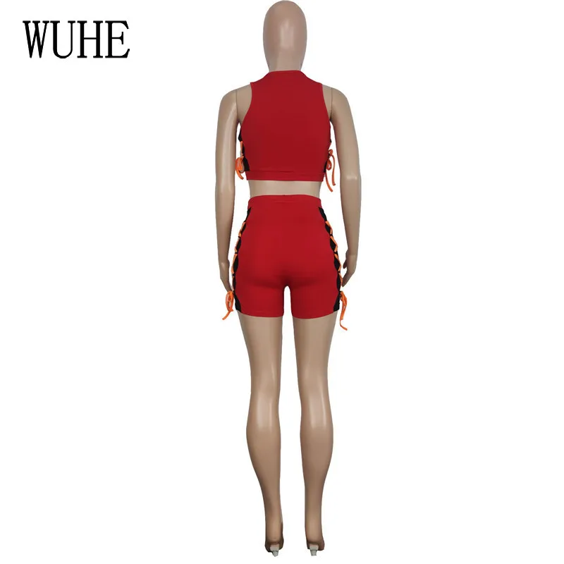 

YEYA Streetwear Two Piece Zipper Up Sleeveless Patchwork Mesh See Through O Neck Top and Cross Lace Up Pants Club Party Outfits