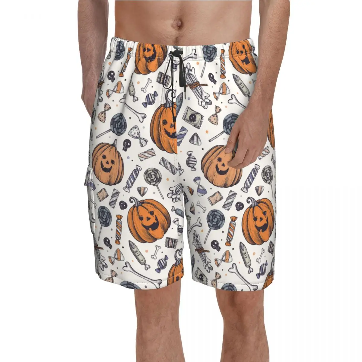

Забавные мужские пляжные плавки из полиэстера с принтом тыквы, костей, конфет