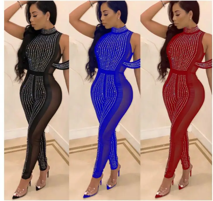 

Sexy Backless bodycon Women Jumpsuit Sleeveless High Neck Solid Ladies Mesh Hollow Out Diamond Rompers