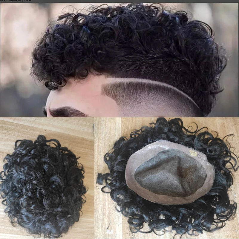 Toupee For Men Human Hair Pieces Fine Mono Lace Top PU Curly Wig Perimeter European Hair Replacement System 7x9inch 1B Color