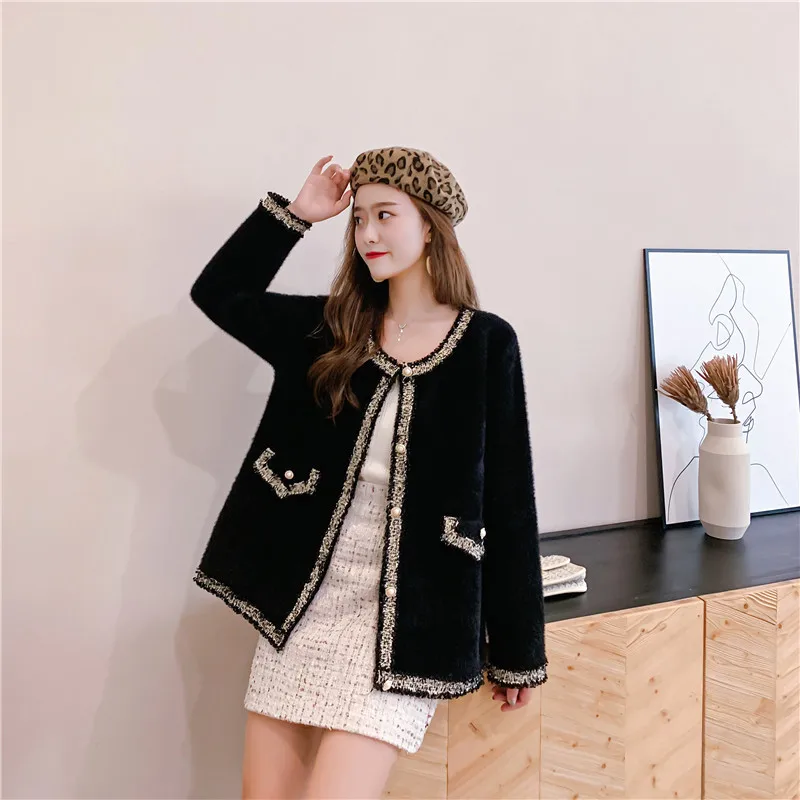 

Short Mink-like Imitation Velvet Knitted Cardigan Jacket Women Single-button Button Lace Outside Round Neck Sweater Coat Female