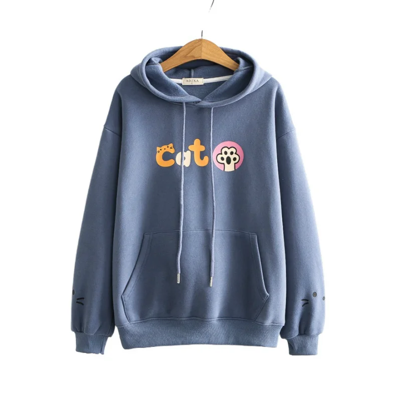 

Womens Hooded Pullover Caroon Print Sweatshirt Harajuku Long Sleeve Hoodies Sweet Style Fellce Warm Pullover Tops For Teen Girls