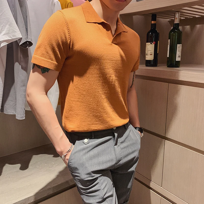 

Knitted Breathable Slim Fit Short Sleeve Mens Shirts British Style Summer Polo Shirt Men Fashion 2020 Streetwear
