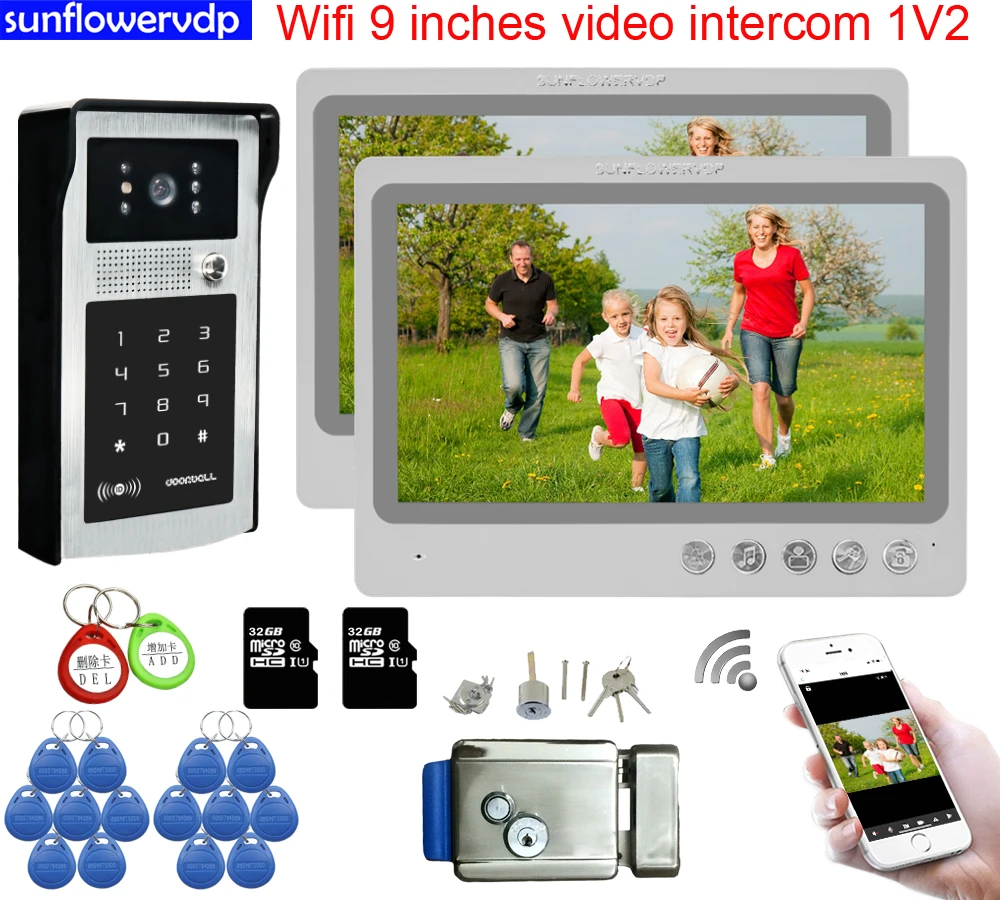 

Wifi 9inches Video Intercom Rfid Code Unlock Video Goalkeeper Intercoms For 2 Apartments With Electronic Door Lock System Unit