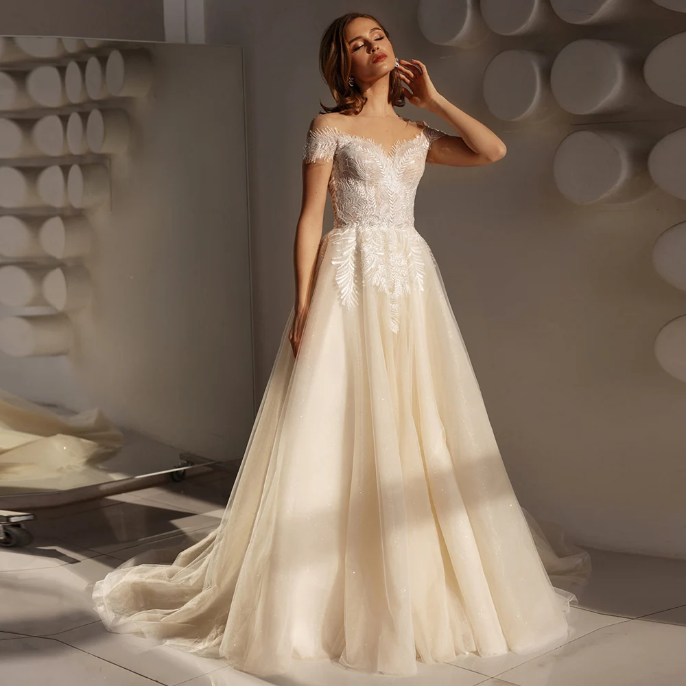 

Sweetheart Wedding Dress 2021 Off The Shoulder Appliques Vestidos De Novia Botton Back A-Line Witn Train Tulle Long Bride Dress