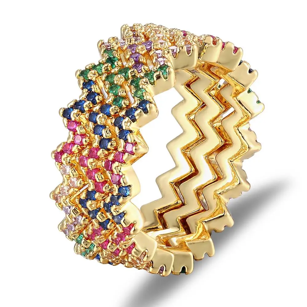 

Fashion Women Wave Rainbow Wedding Engagement Ring Inlay Colored Rhinestone Fine Party Gift Charm Couple CZ Jewelry Accessories