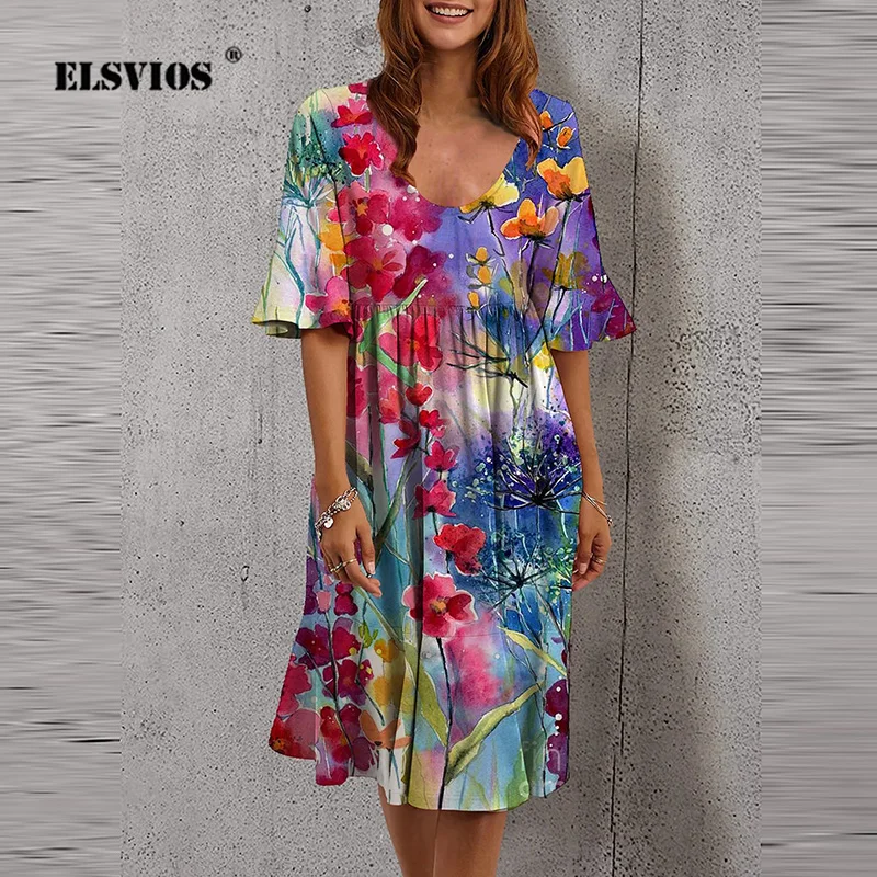 

Женское пляжное платье с полурукавами Lotus Leaf, разноцветное свободное Повседневное платье средней длины с цветочным принтом, круглым вырезом и высокой талией, лето