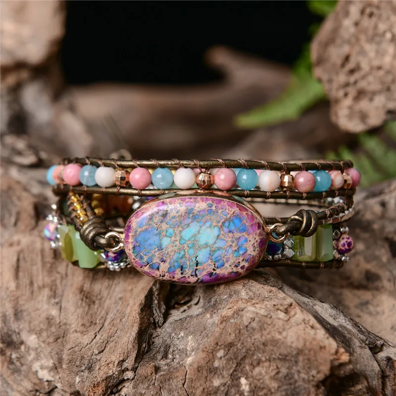 Pulsera de cuero con piedras naturales multicolor, brazalete artístico con cuentas de cristal, para regalo