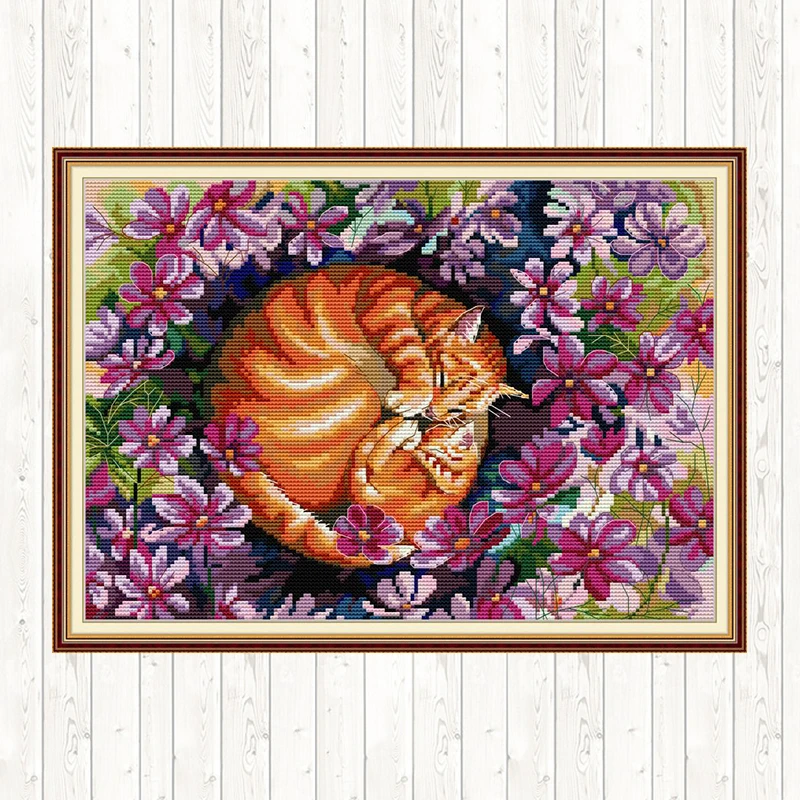 Набор для вышивки крестиком &quotКот в цветы радость воскресенье&quot ткань с принтом