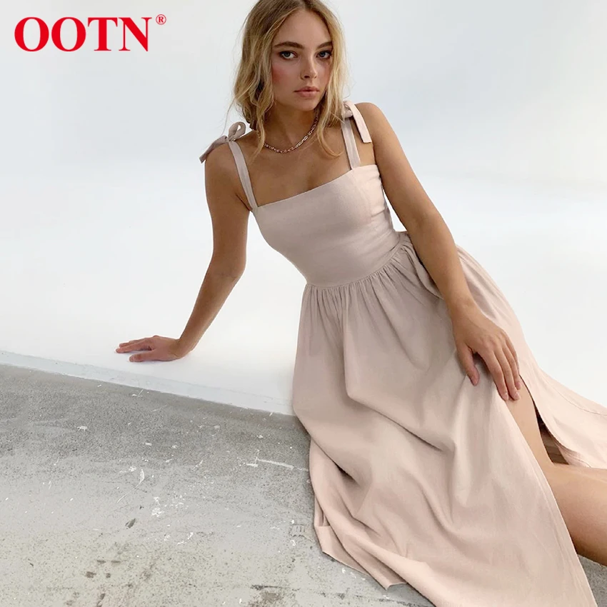 

OOTN Black Casual Sundress Women High Waist Sleeveless Strap Dress Summer Ruched Elegant A-Line Midi Dress Cotton Pink 2021
