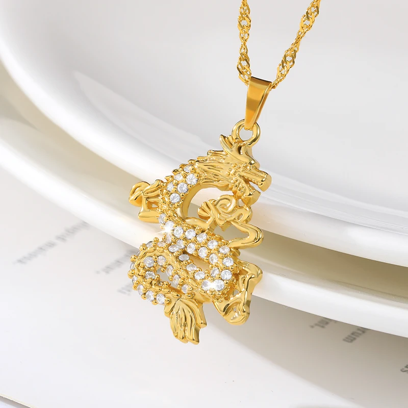 Jewelry 2020 CZ Dragon Pendant Necklaces for Women Men Gold Color Jewellery Cubic Zirconia Mascot Ornaments Lucky Symbol Gifts images - 6