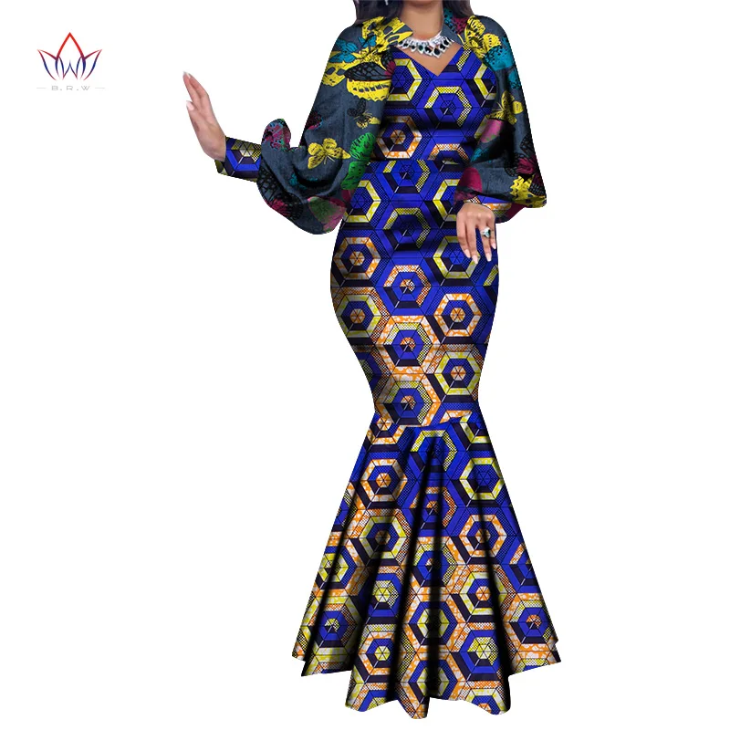 African Dresses for Women Puff Sleeve Vintage Maxi Dress Swing Ankara Fabric Floral Print Party Gowns African Traditional WY8728