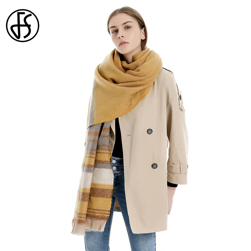 

FS New Winter Orange Scarf Women Hijab Striped Tassel Design Warm Female Lady Cashmere Wraps Blanket Pashmina Shawl Foulard